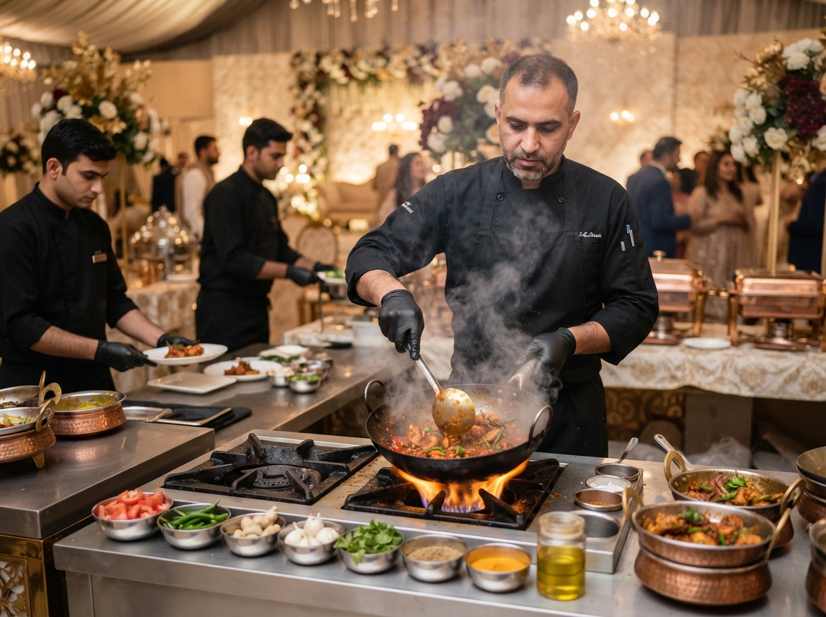 Professional chef preparing food live for catering by Noor Food & Catering Center